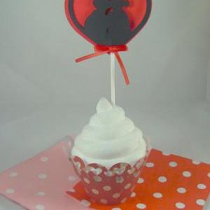 Kiss Silhouette With Red Heart Cupcake Toppers