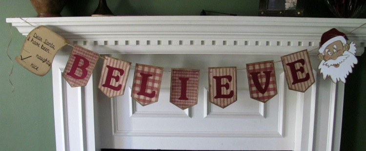 Primitive Christmas "believe" Banner In Red Homespun Print Paper