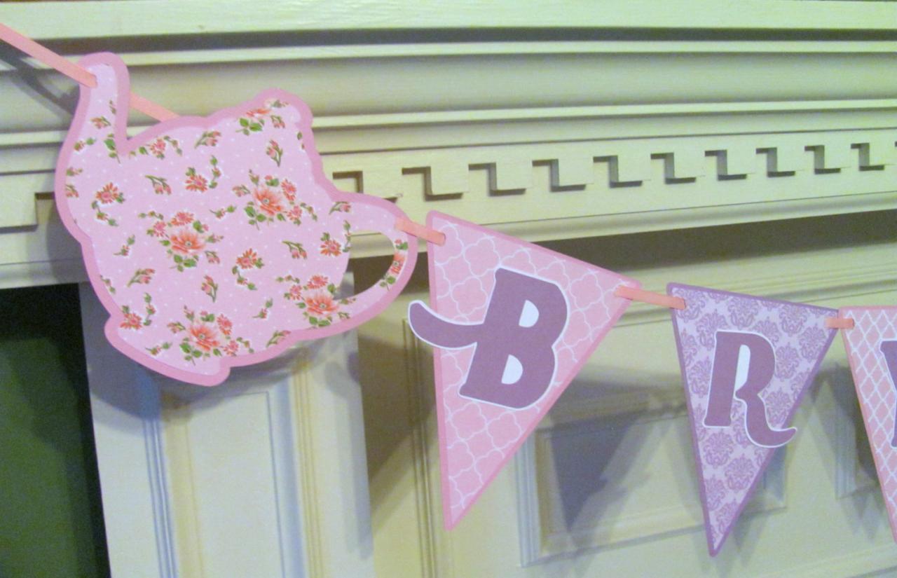 Tea Party Personalized Name Banner In Shabby Country Chic Pink And Lavender