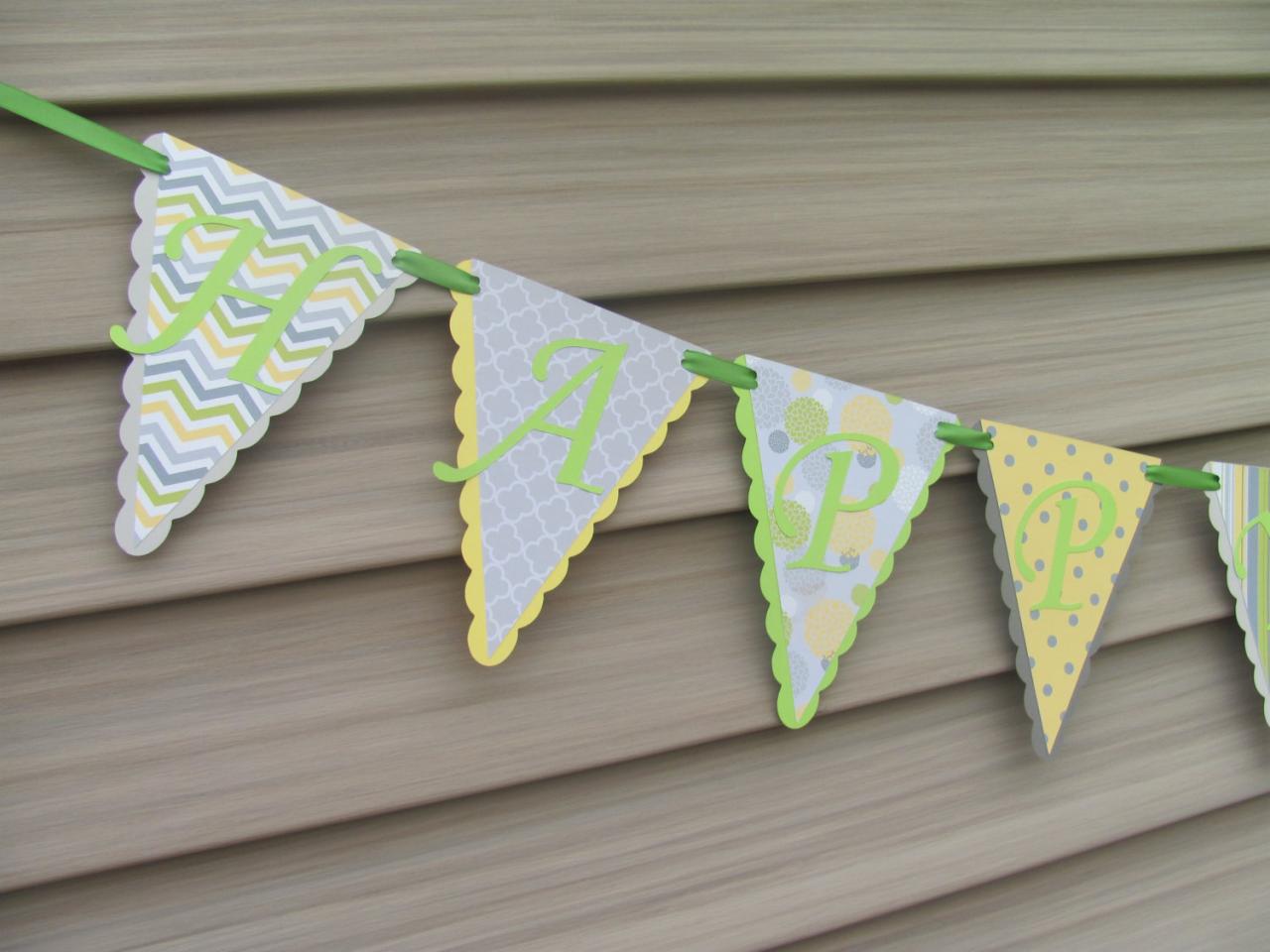 Happy Birthday Banner, Lime, Grey, Yellow Banner, Chevron, Stripes Polka Dot Banner