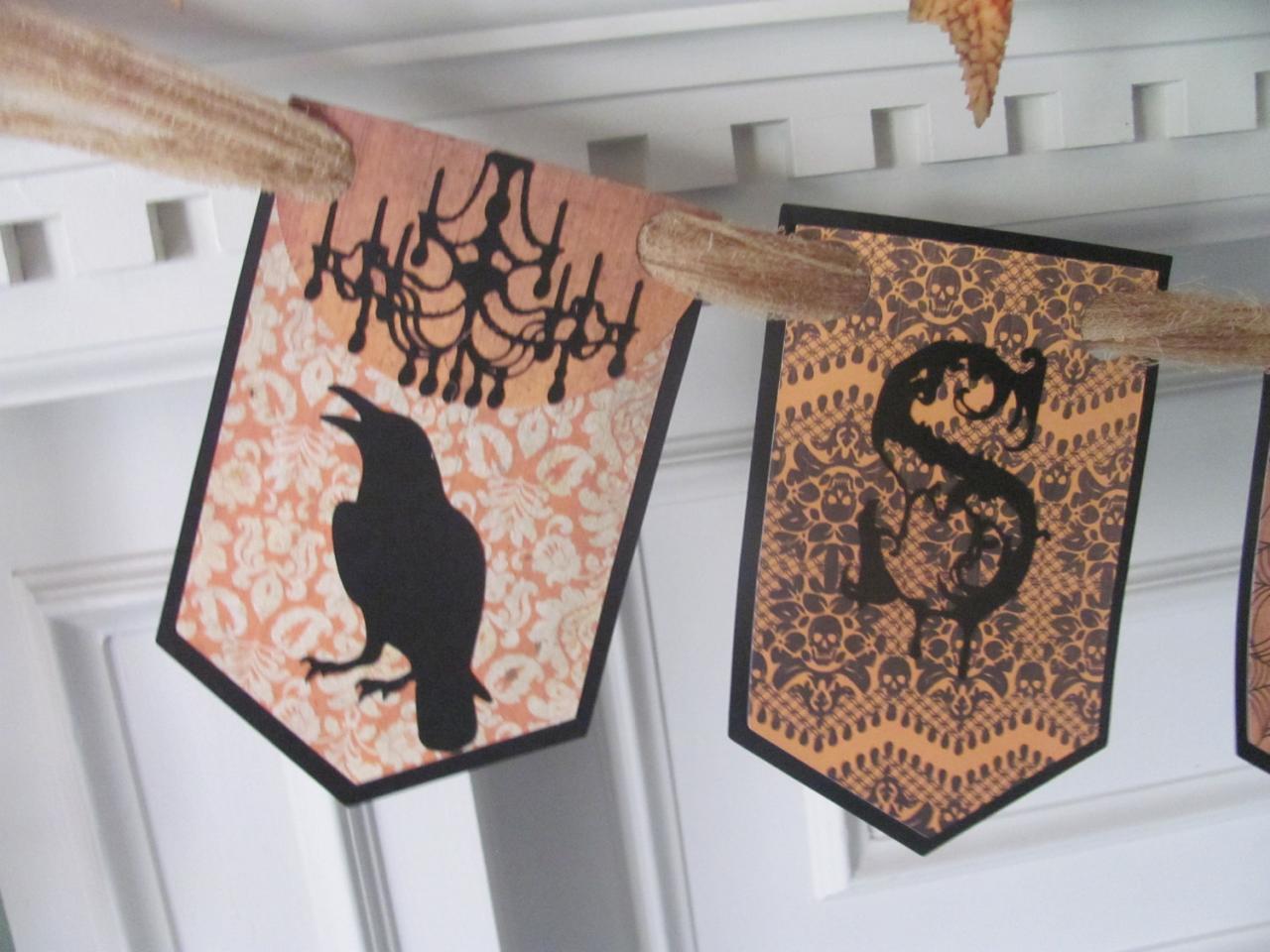 Victorian Inspired "spooky" Halloween Banner Featuring Gothic Style Lettering With Ravens & Chandaliers