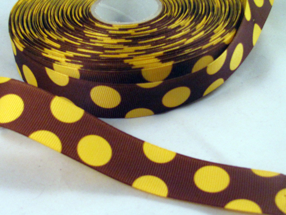 1 Yard Of 1" Grosgrain Ribbon In Brown With Yellow Dots
